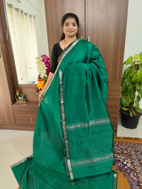 Handwoven Mangalagiri Pattu Saree with Beautiful  Small Checks - Dark Green