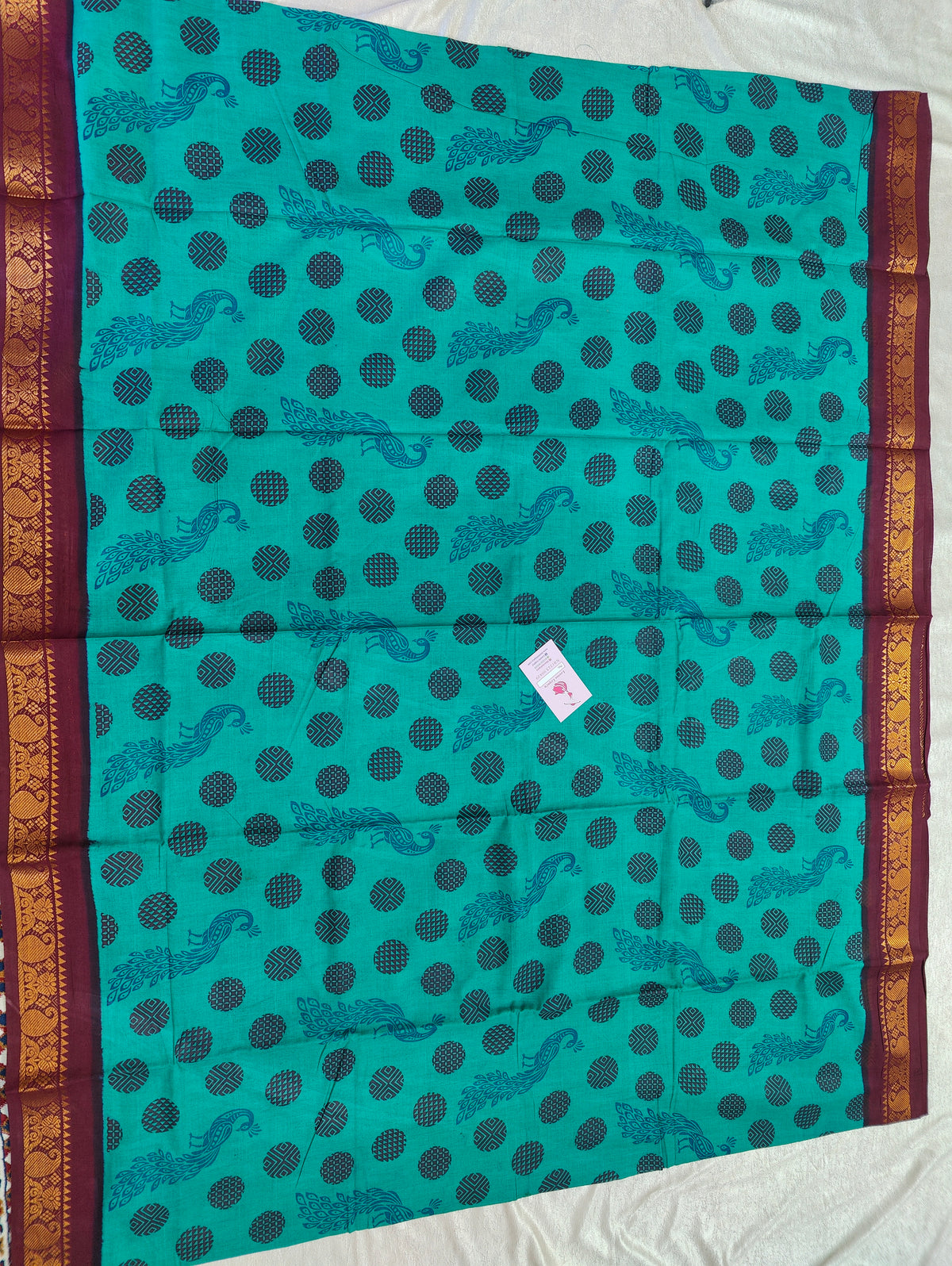 Madurai Sungadi Cotton Saree with Prints - Sea Green with Maroon