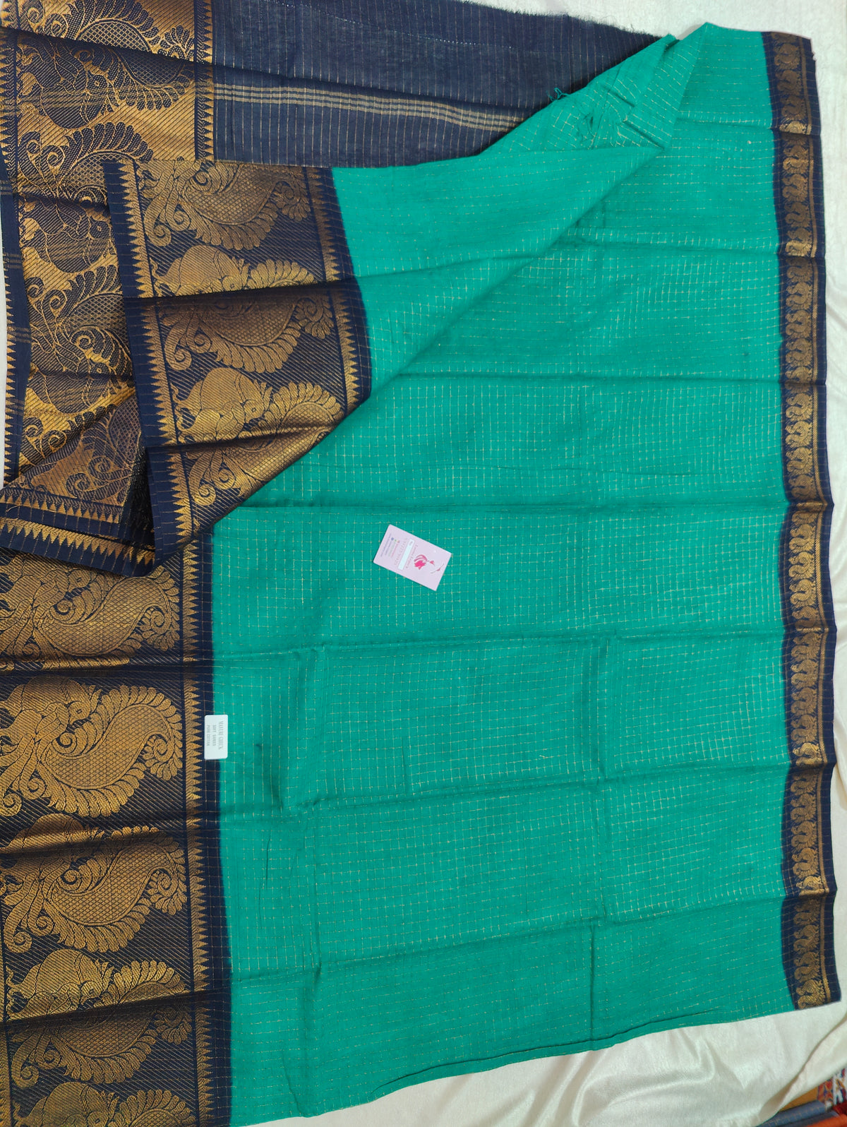 Madurai Sungadi Cotton Small Checks with Big Border Saree - Sea Green with Blue