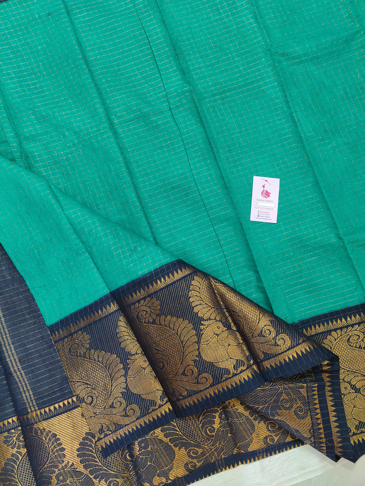 Madurai Sungadi Cotton Small Checks with Big Border Saree - Sea Green with Blue