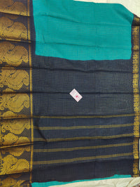 Madurai Sungadi Cotton Small Checks with Big Border Saree - Sea Green with Blue