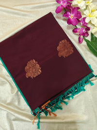 Brown with Sea Green Copper Zari Woven Border Semi Soft Silk Saree