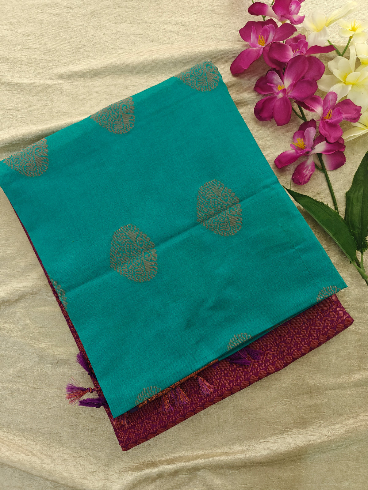 Blue with Pink Copper Zari Woven Border Semi Soft Silk Saree