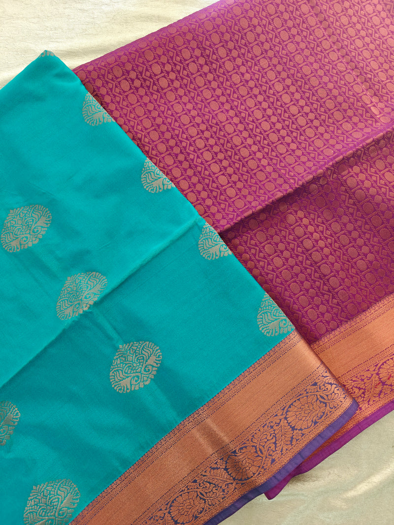 Blue with Pink Copper Zari Woven Border Semi Soft Silk Saree