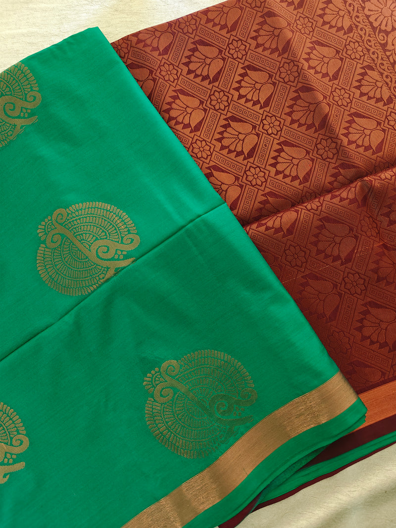 Sea Green with BrownCopper Zari Woven Border Semi Soft Silk Saree