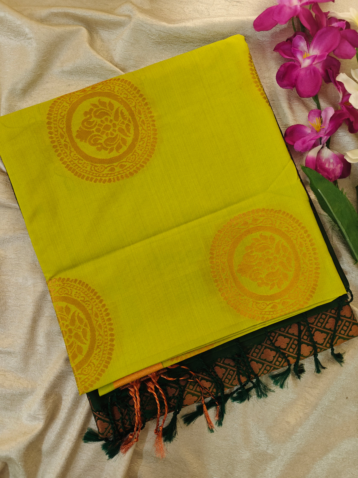 Green with Dark Green Copper Zari Woven Border Semi Soft Silk Saree