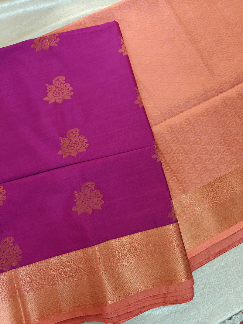 Magenta Pink with Peach Copper Zari Woven Border Semi Soft Silk Saree