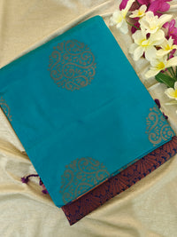 Blue with Dark Purple Copper Zari Woven Border Semi Soft Silk Saree