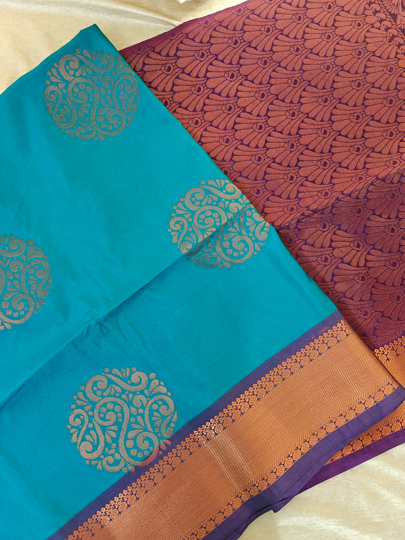 Blue with Dark Purple Copper Zari Woven Border Semi Soft Silk Saree