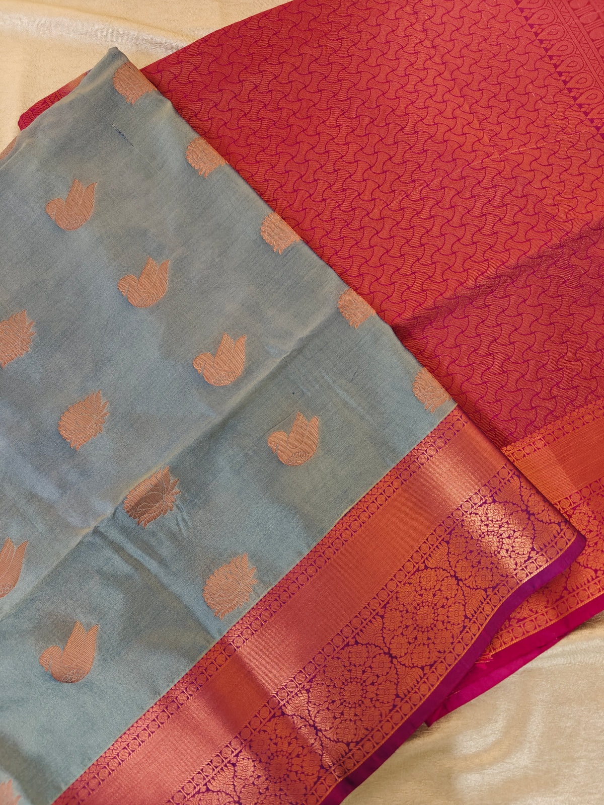 Grey with Pink Copper Zari Woven Border Semi Soft Silk Saree