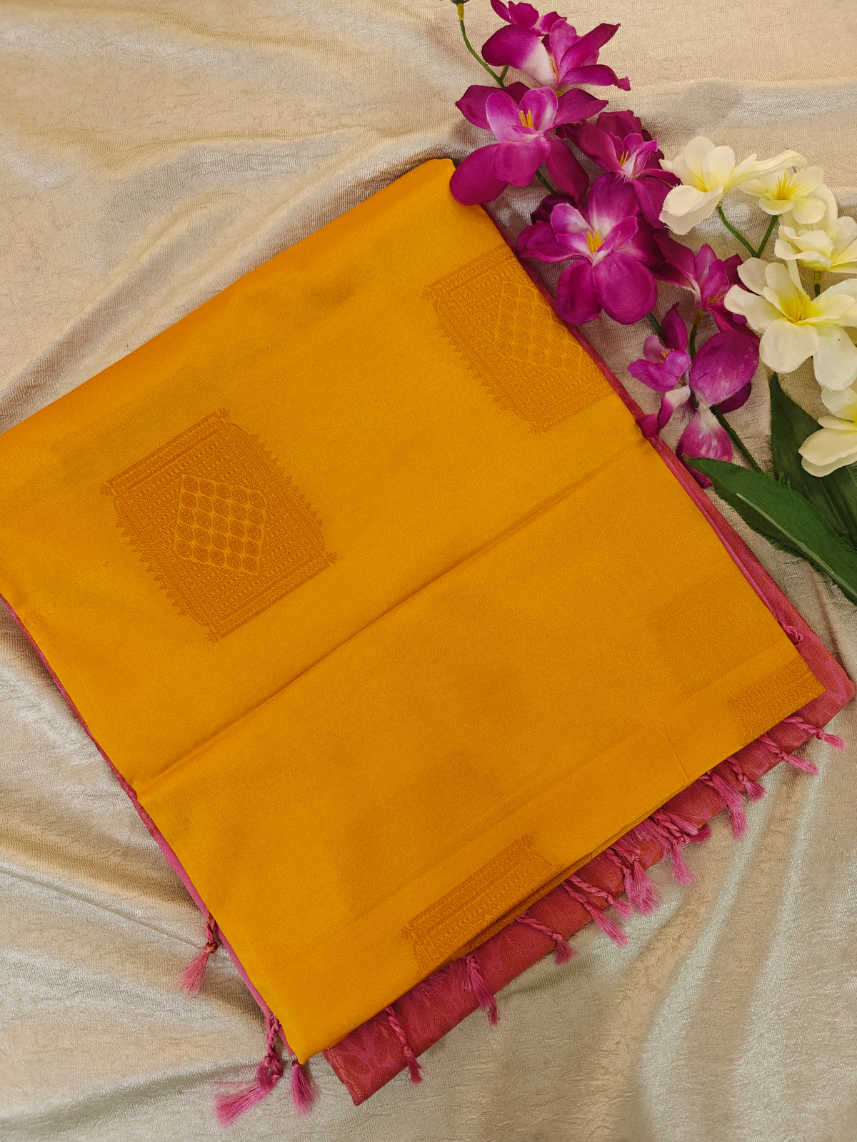 Yellow with Pink Copper Zari Woven Border Semi Soft Silk Saree