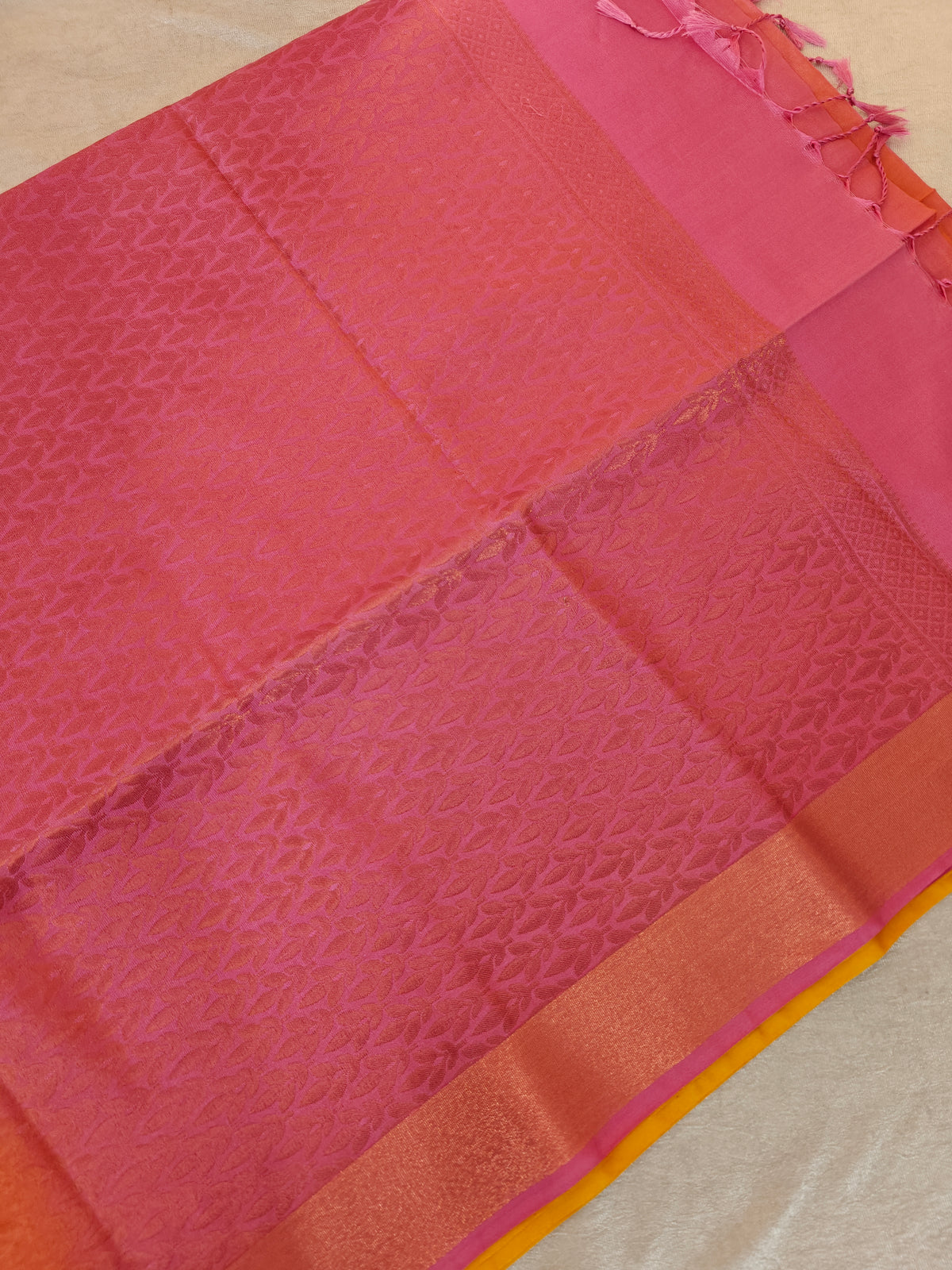 Yellow with Pink Copper Zari Woven Border Semi Soft Silk Saree