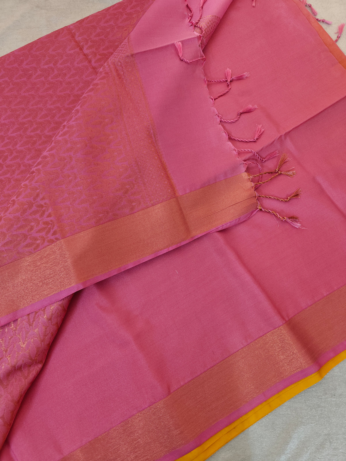 Yellow with Pink Copper Zari Woven Border Semi Soft Silk Saree