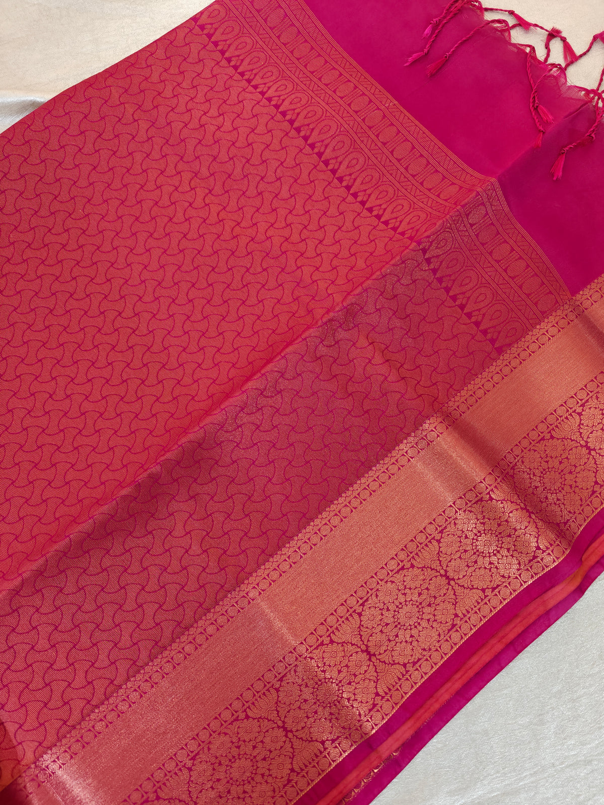 Yellow with Dark Pink Copper Zari Woven Border Semi Soft Silk Saree