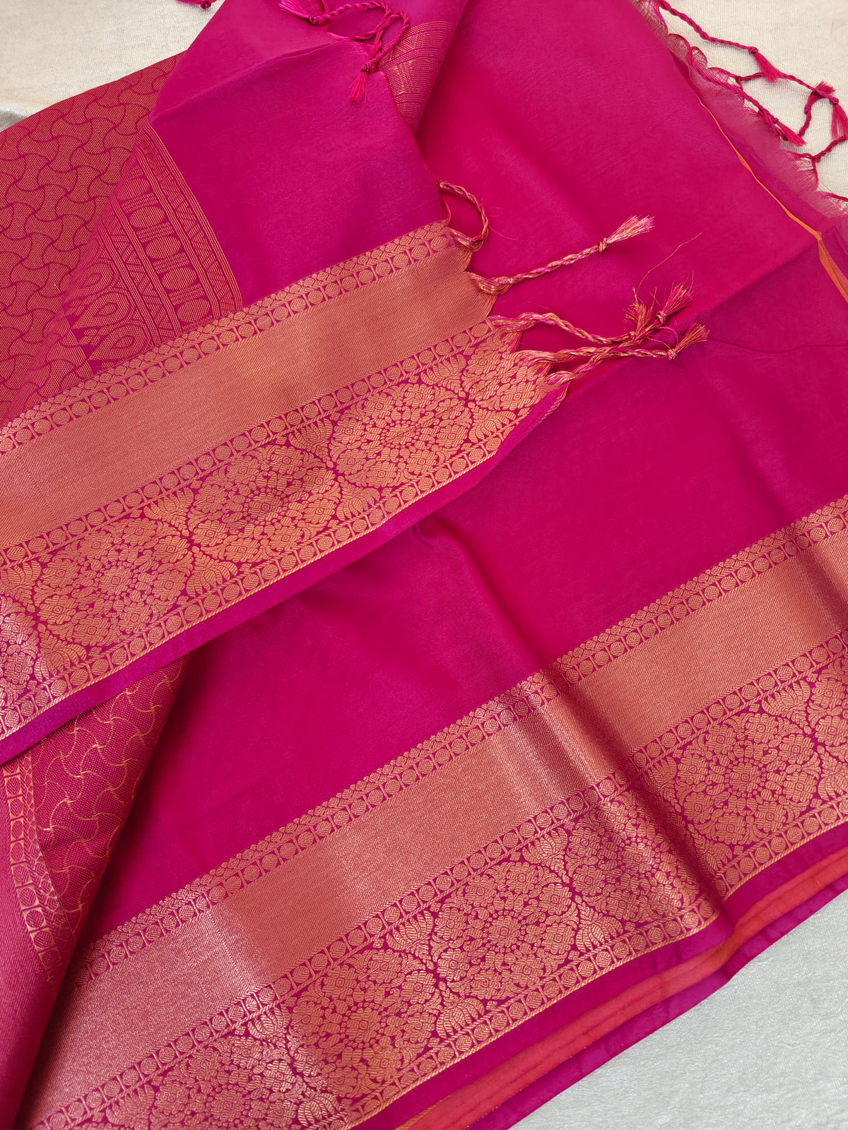 Yellow with Dark Pink Copper Zari Woven Border Semi Soft Silk Saree