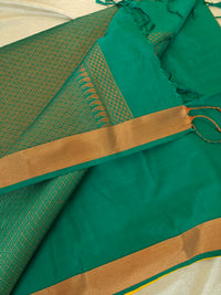 Yellow with Sea Green Copper Zari Woven Border Semi Soft Silk Saree