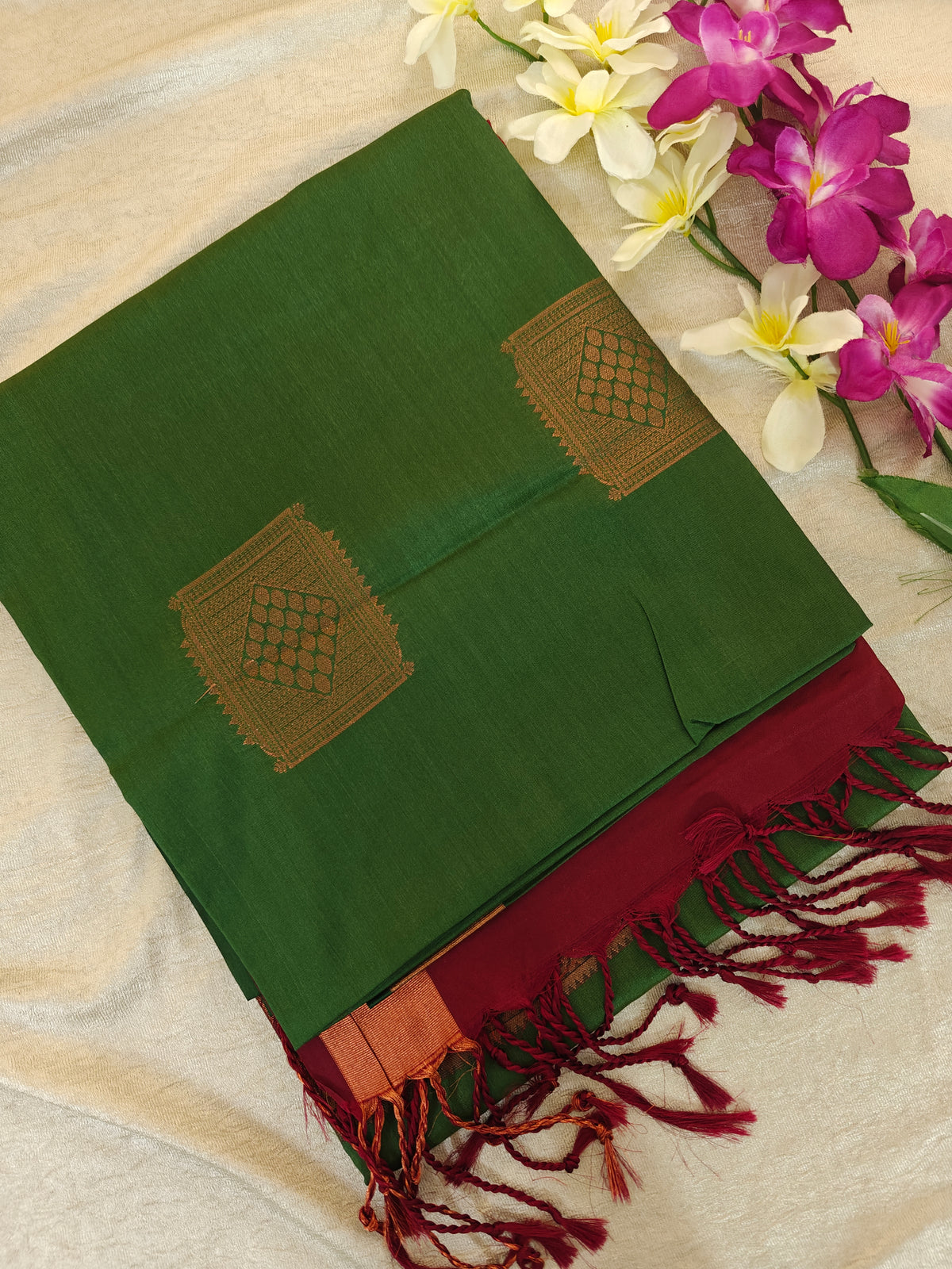 Green with Maroon Copper Zari Woven Border Semi Soft Silk Saree