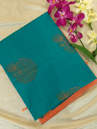 Blue with Peach Copper Zari Woven Border Semi Soft Silk Saree