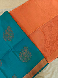 Blue with Peach Copper Zari Woven Border Semi Soft Silk Saree