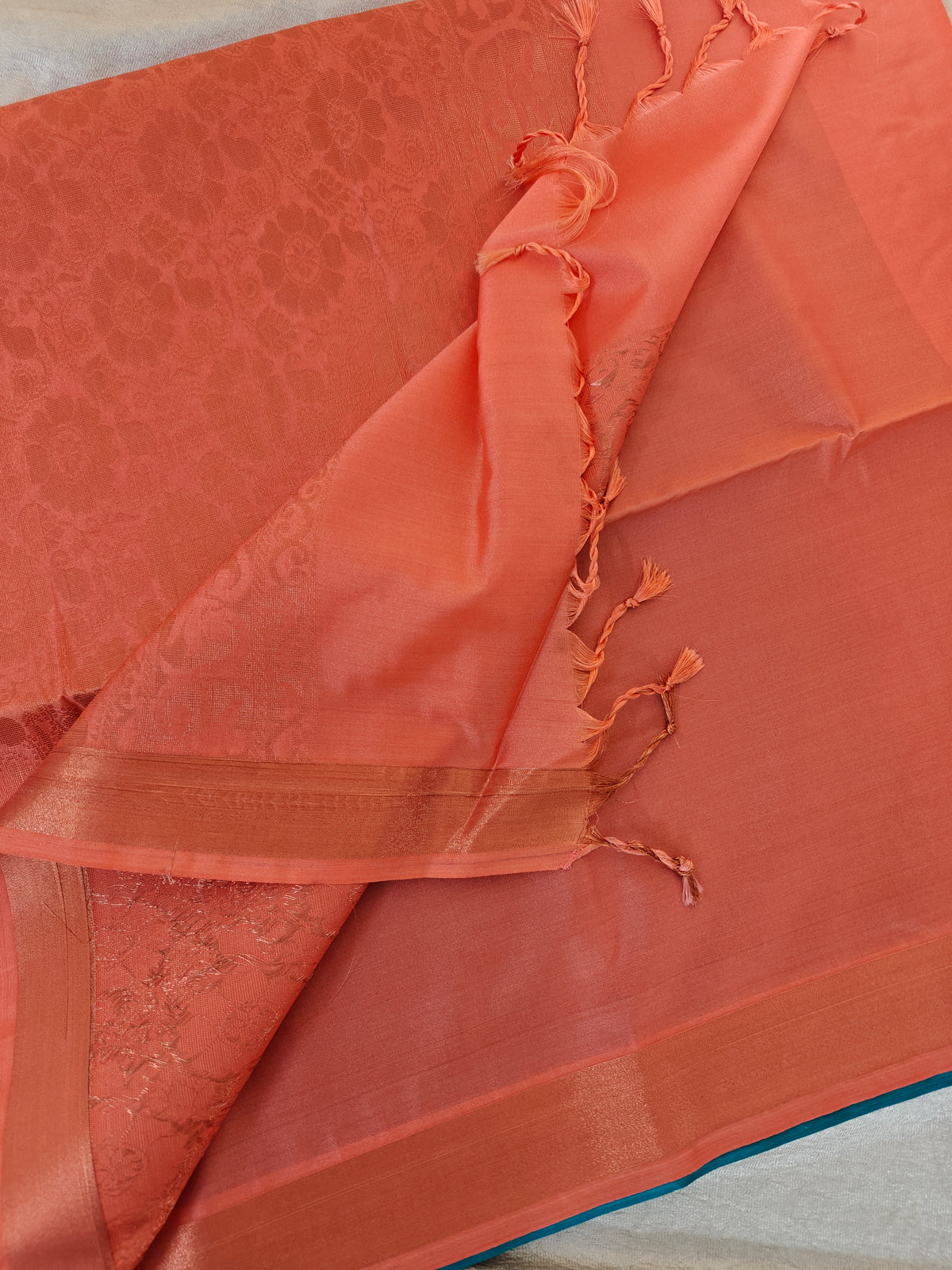 Blue with Peach Copper Zari Woven Border Semi Soft Silk Saree