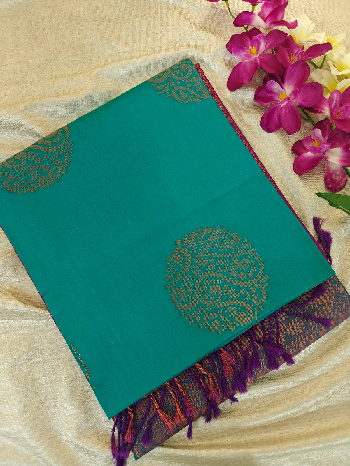 Rama Green with Purple Copper Zari Woven Border Semi Soft Silk Saree