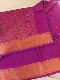 Rama Green with Purple Copper Zari Woven Border Semi Soft Silk Saree