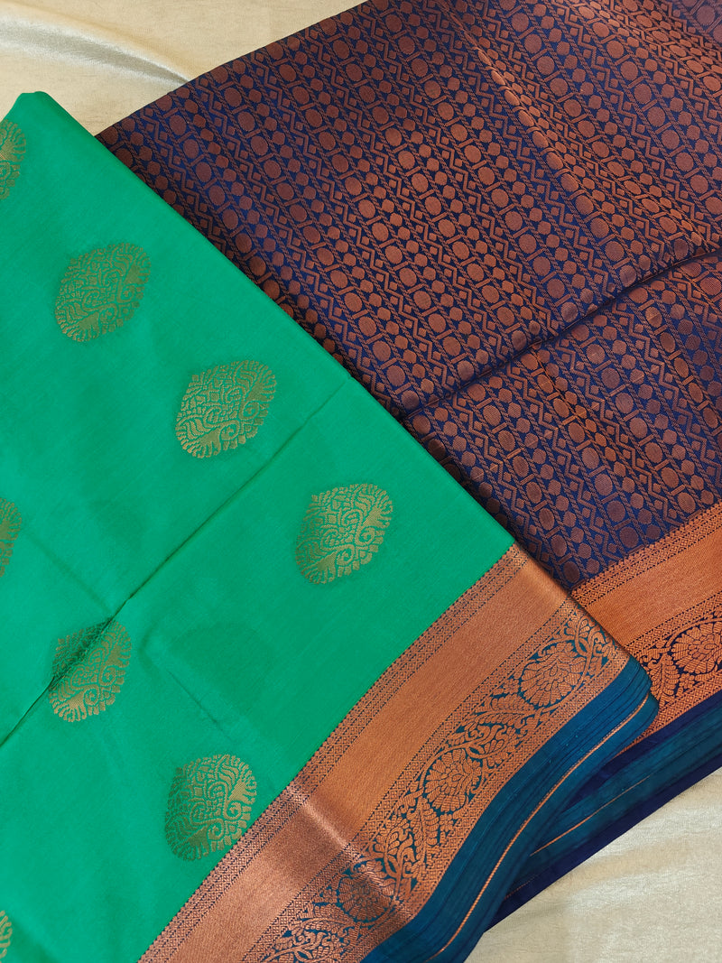 Sea Green with Navy Blue Copper Zari Woven Border Semi Soft Silk Saree