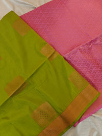 Green with Pink Copper Zari Woven Border Semi Soft Silk Saree