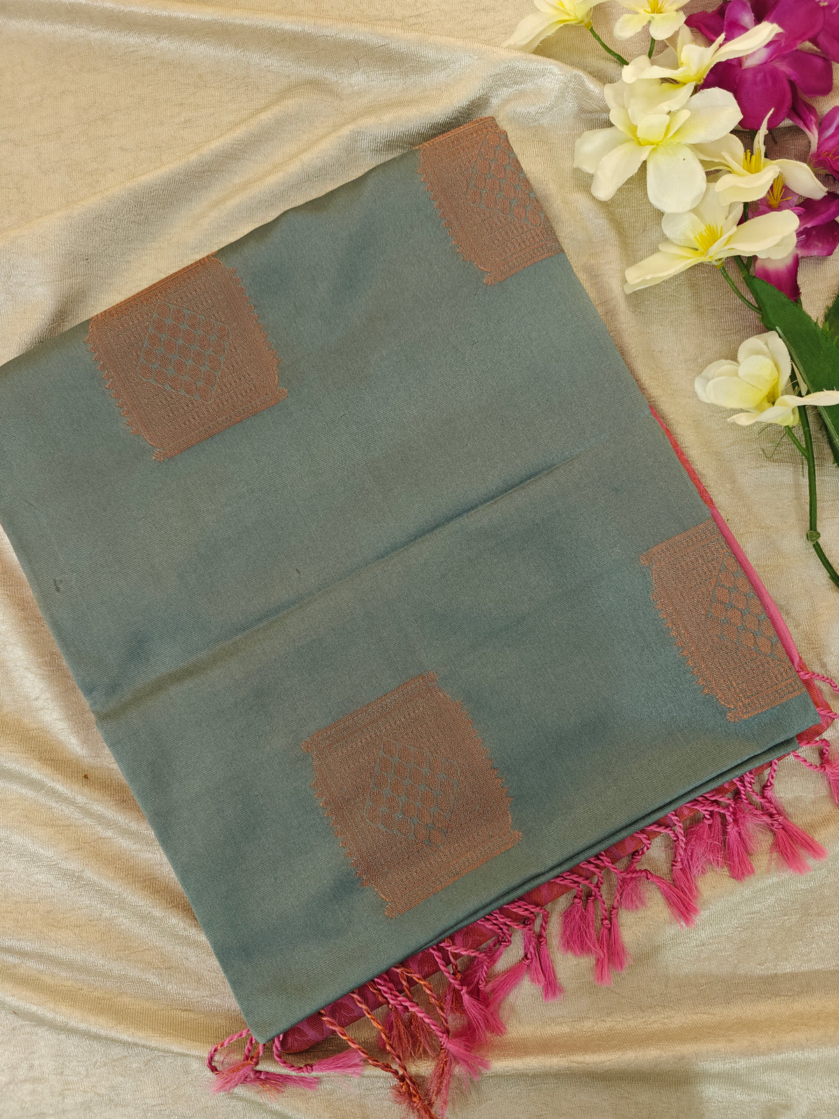 Grey with Pink Copper Zari Woven Border Semi Soft Silk Saree