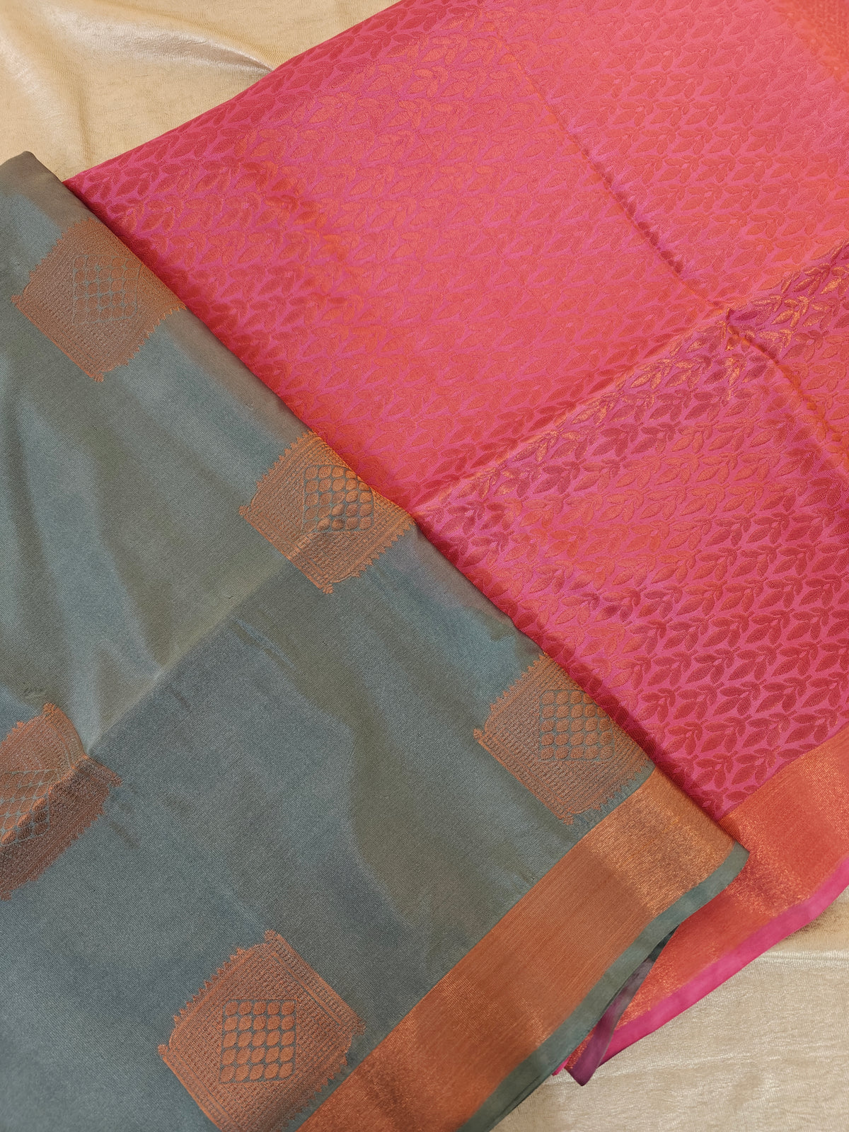 Grey with Pink Copper Zari Woven Border Semi Soft Silk Saree