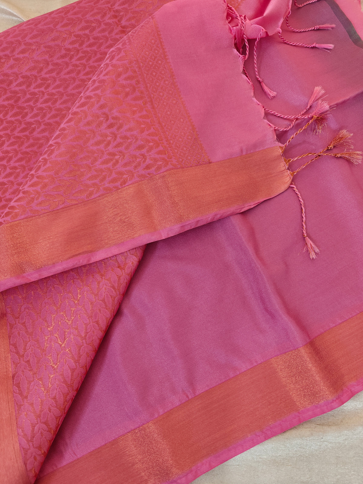 Grey with Pink Copper Zari Woven Border Semi Soft Silk Saree