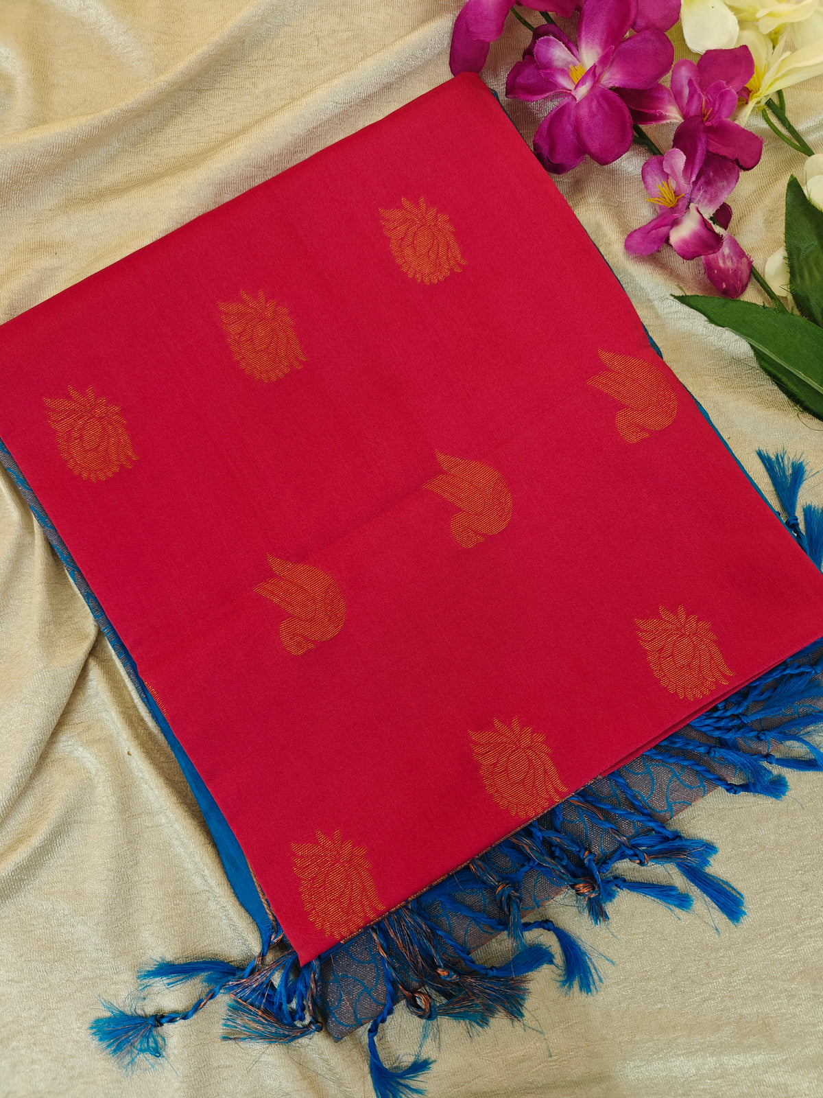 Reddish Pink with Blue Copper Zari Woven Border Semi Soft Silk Saree