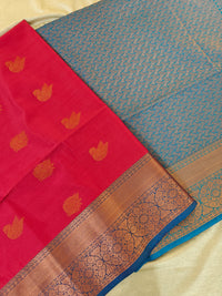 Reddish Pink with Blue Copper Zari Woven Border Semi Soft Silk Saree