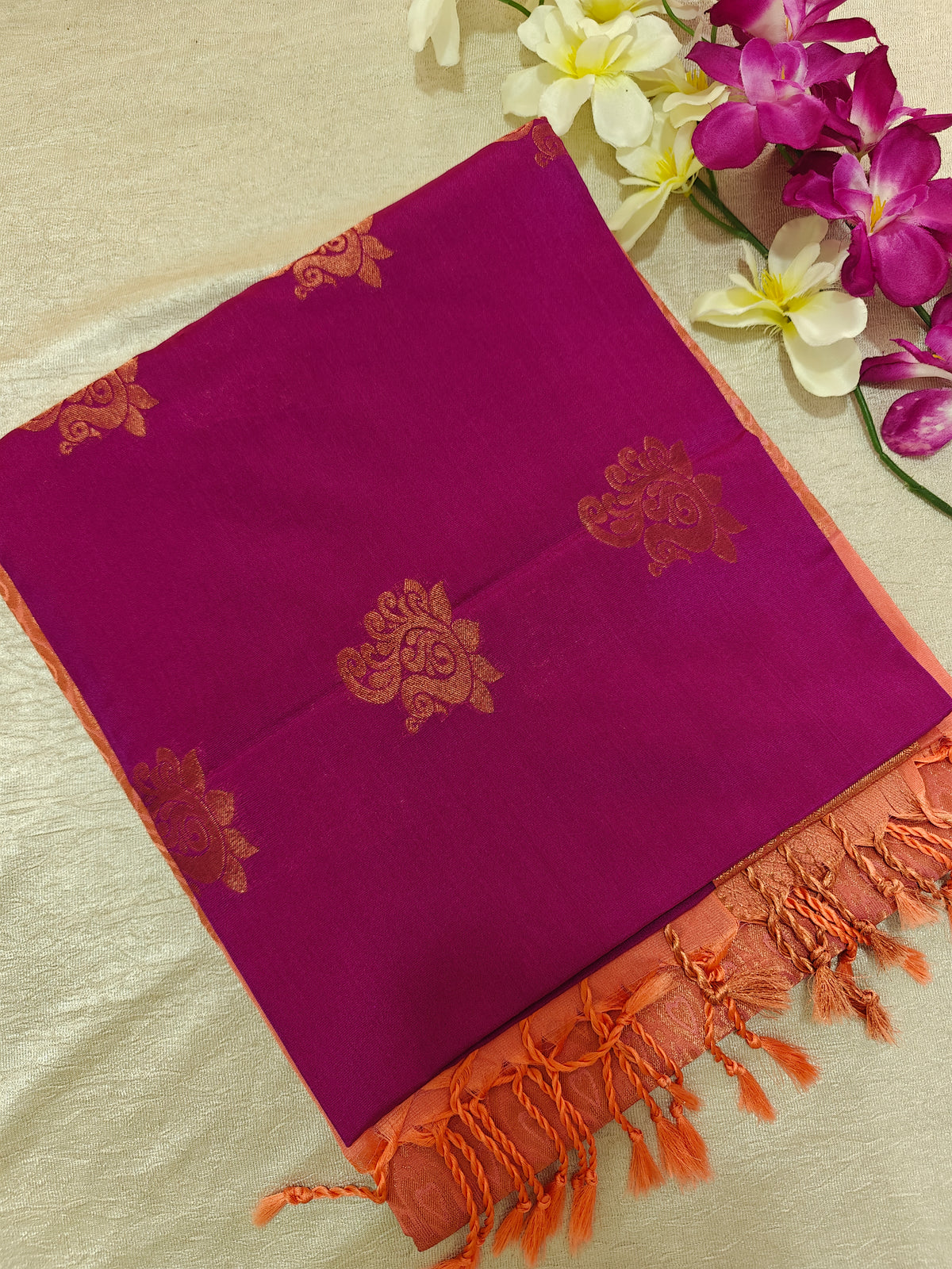 Magenta Pink with Peach Copper Zari Woven Border Semi Soft Silk Saree