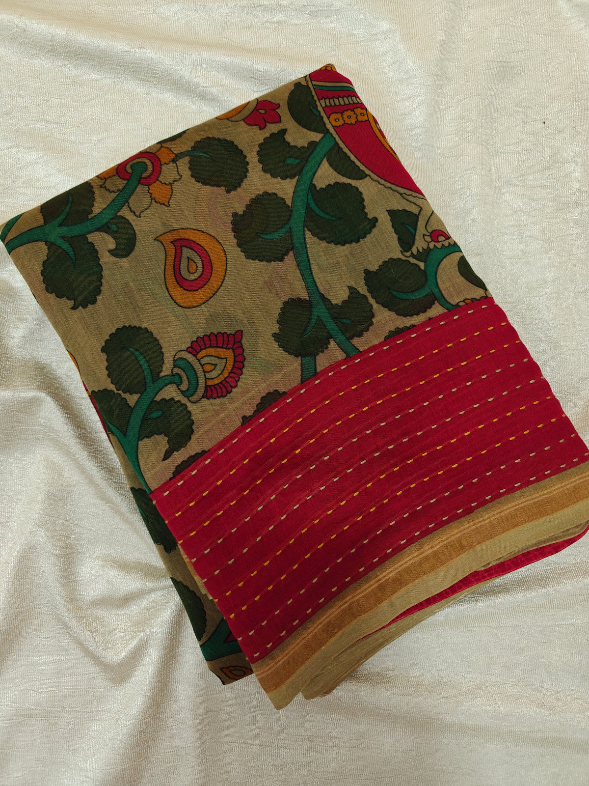 Pure Chanderi Butter Silk - Beige with Red