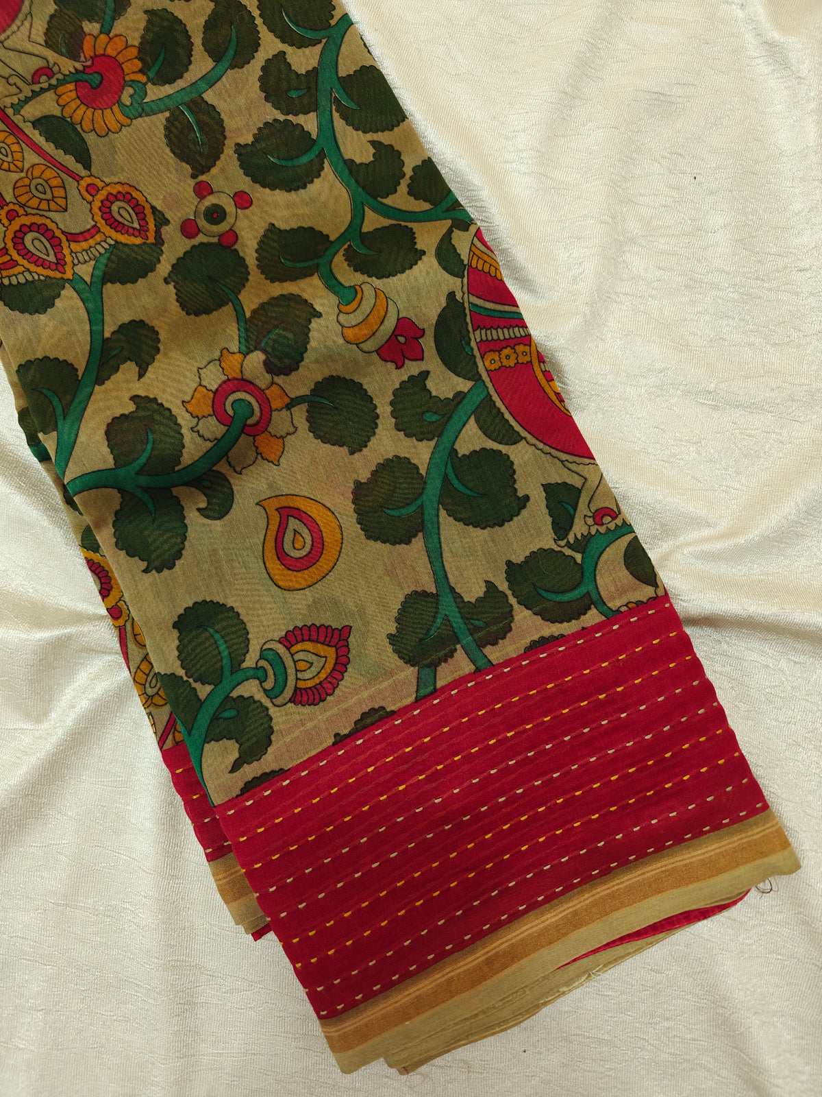 Pure Chanderi Butter Silk - Beige with Red