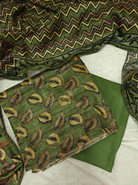 Soft Raw Silk with Batik Prints Unstitched Salwar Suit  - Dark Green