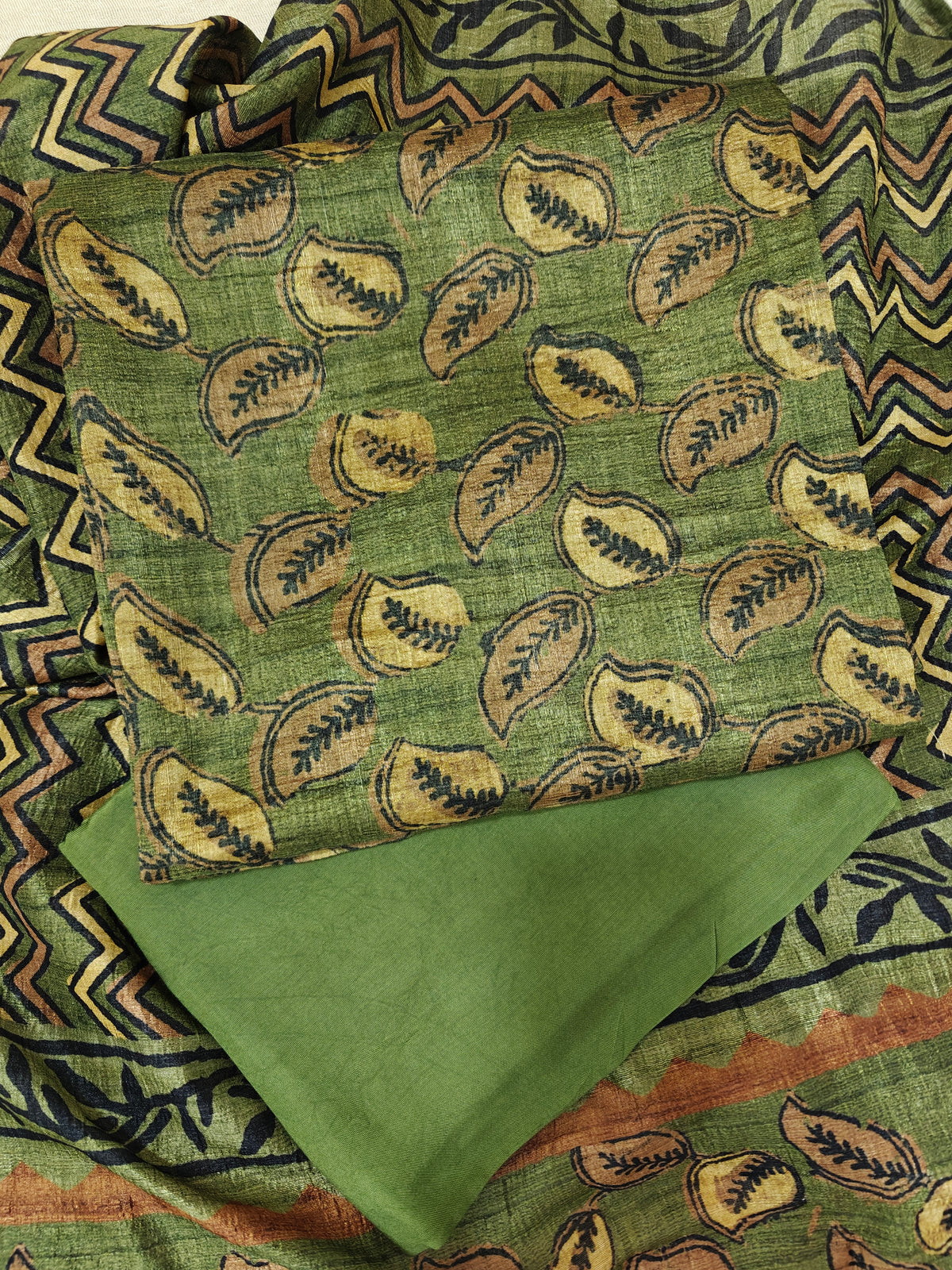 Soft Raw Silk with Batik Prints Unstitched Salwar Suit  - Dark Green