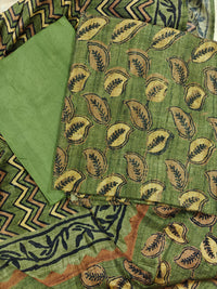 Soft Raw Silk with Batik Prints Unstitched Salwar Suit  - Dark Green