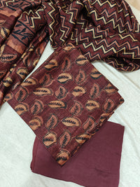 Soft Raw Silk with Batik Prints Unstitched Salwar Suit  - Marron