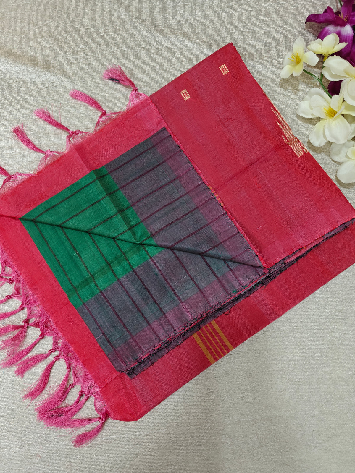 Chinnalampattu Saree - Green with peaches Pink