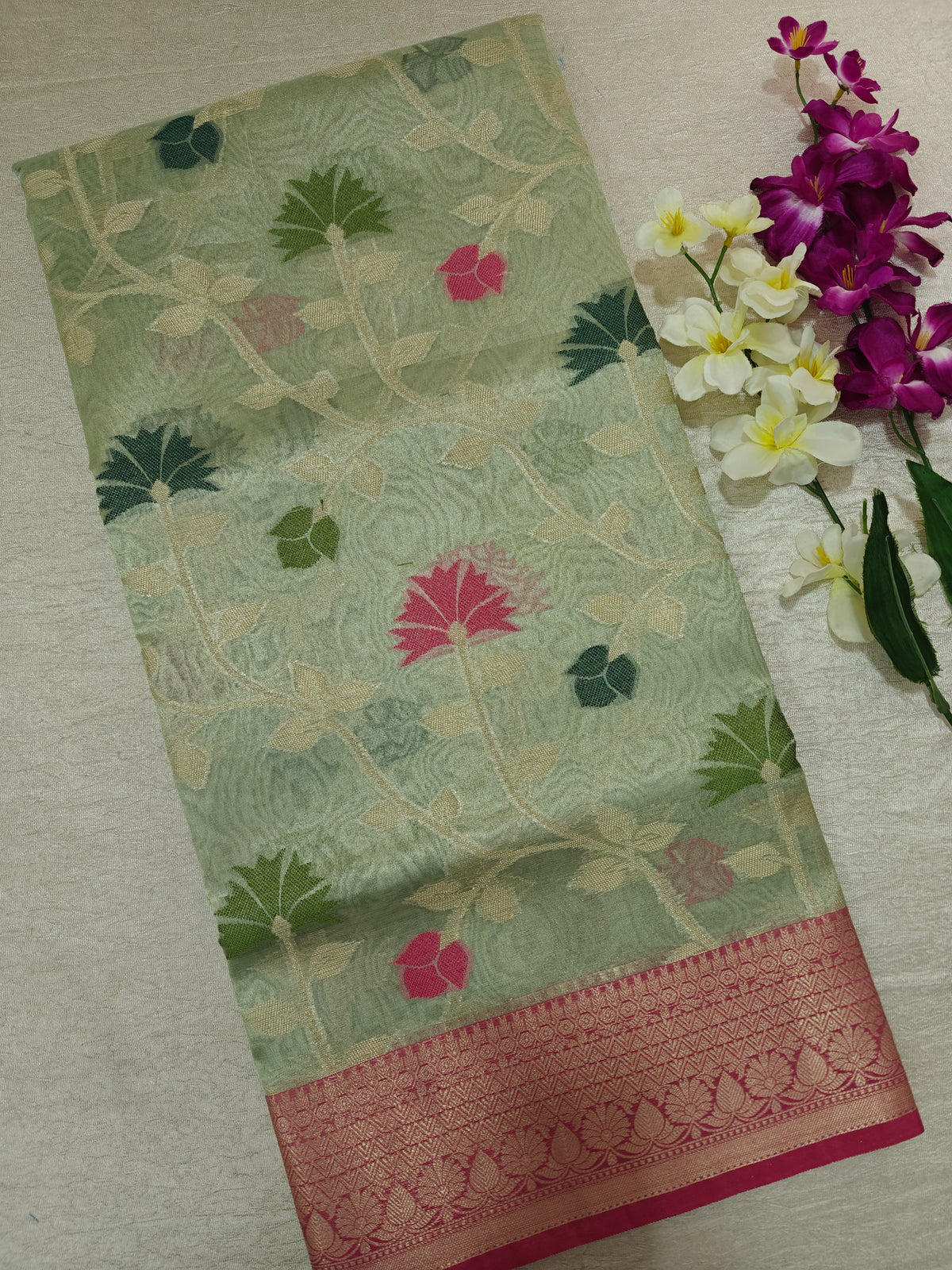 Kora Tissue Saree - Green