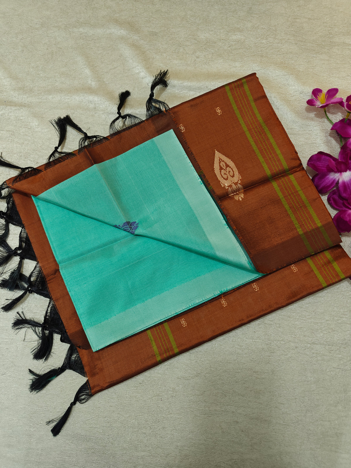 Chinnalampattu Saree- Pastel Green with Brown