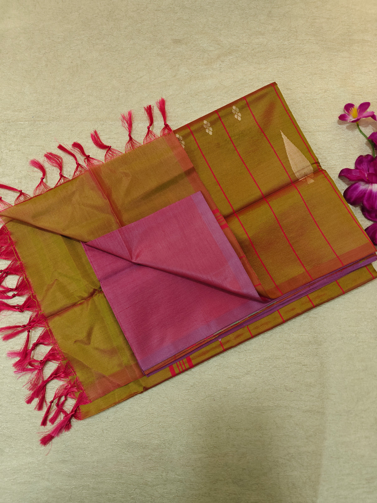 Chinnalampattu Saree- Dark Onion Pink with Mehandi Green