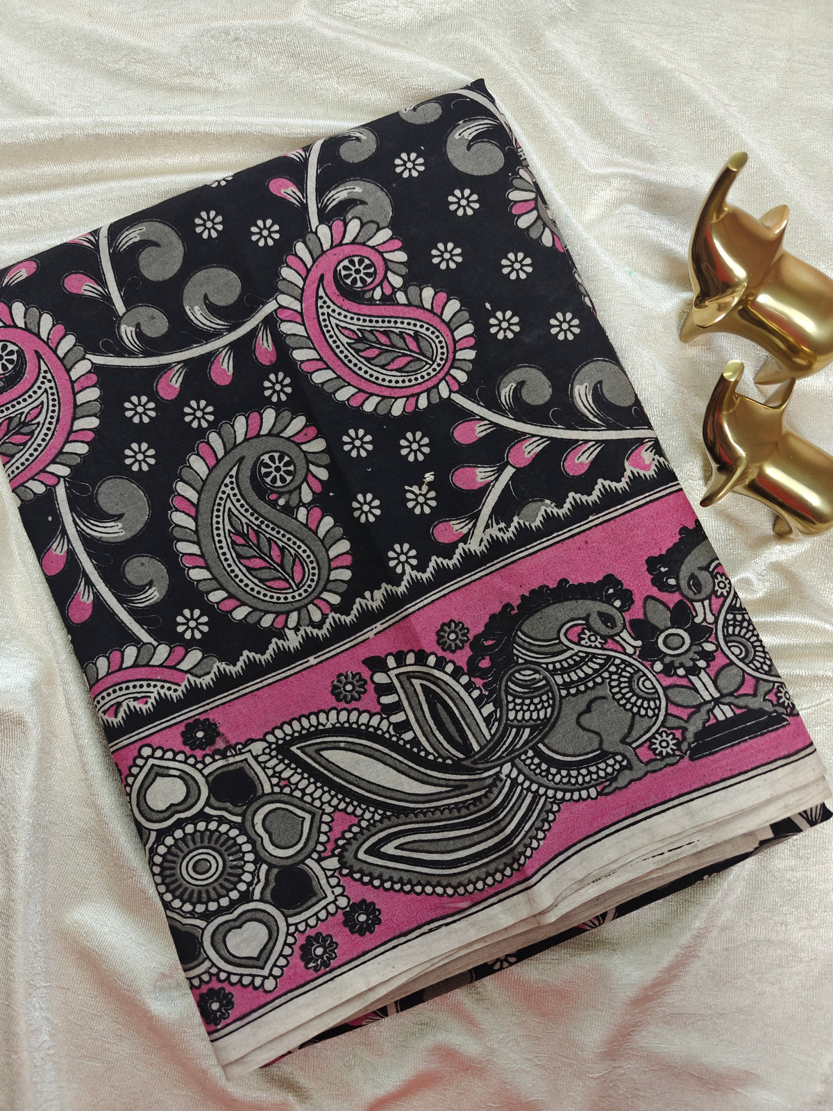 Cotton Kalamkari Saree - Black with Pink