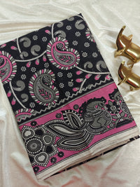 Cotton Kalamkari Saree - Black with Pink
