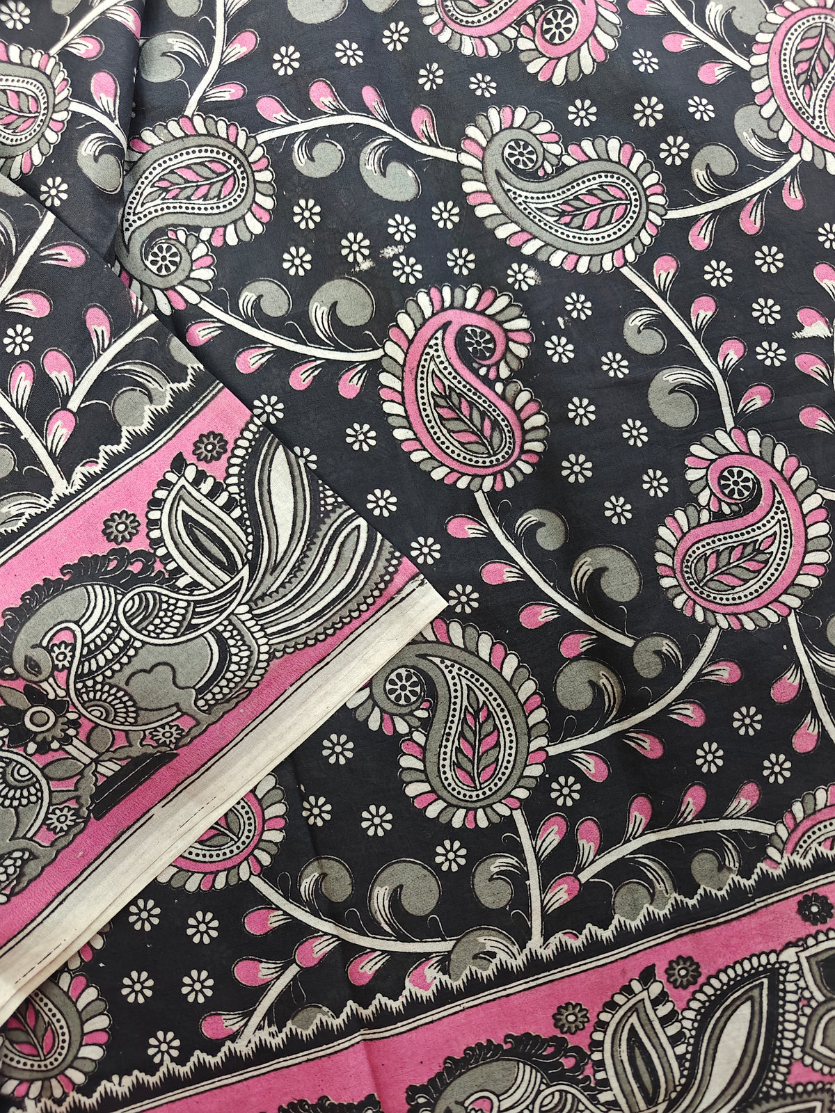 Cotton Kalamkari Saree - Black with Pink