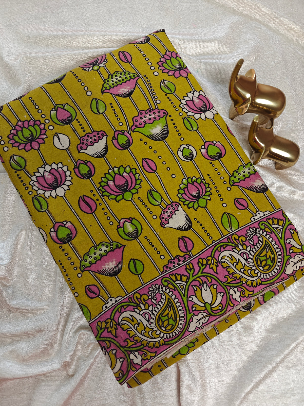 Cotton Kalamkari Saree - Lime Green with Pink