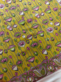 Cotton Kalamkari Saree - Lime Green with Pink