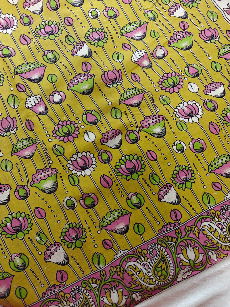 Cotton Kalamkari Saree - Lime Green with Pink